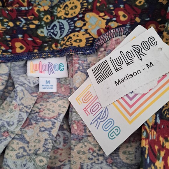 Lularoe Women's Madison Blue Yellow Flare Pockets Modest Work Skirt Sz Medium - Picture 6 of 7